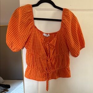 Orange Gingham Puff Sleeve Top, Sz S